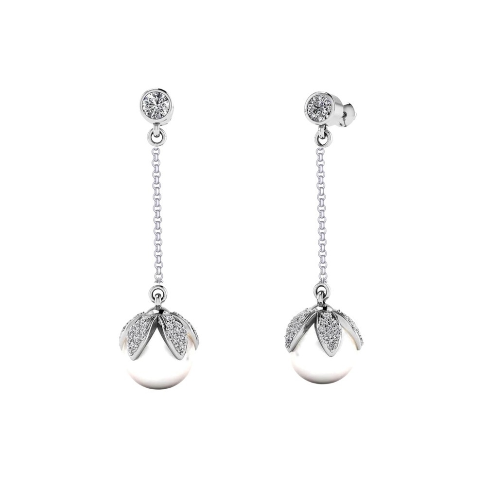 White Gold Plated Pearl Drop Earrings – 55x18mm CZ Floral Cap Dangles for Women